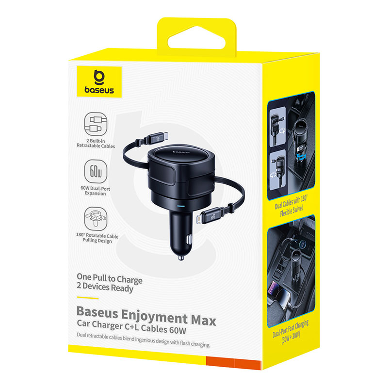 Baseus Car Charger 60W Enjoyment with Retractable Cables (C+C)  Black