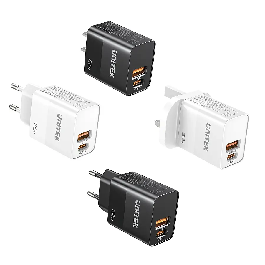 Unitek 20W Wall Charger USB-C PD & QC 3.0 UK P1124ABK Black